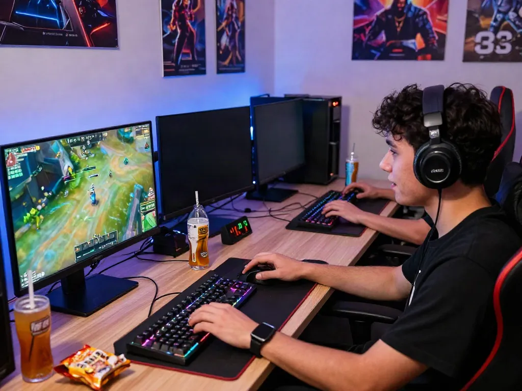 Engaged gamer playing akunjp online with vibrant setup and colorful lighting.