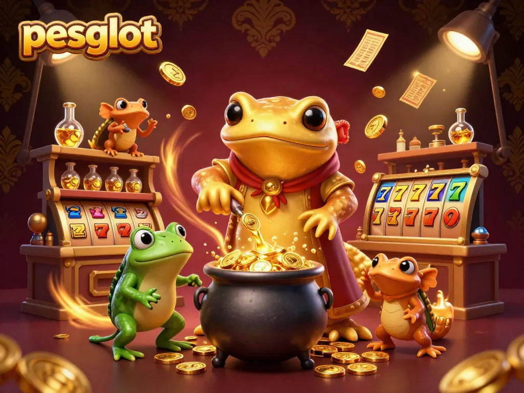 Experience vibrant winning action with pesgslot in this captivating casino scene filled with gold coins and slot reels.