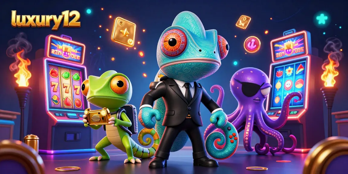 Penggambaran kasino yang penuh warna dengan luxury12 di pusat perhatiannya, menghibur pemain dengan mesin slot dan karakter unik.