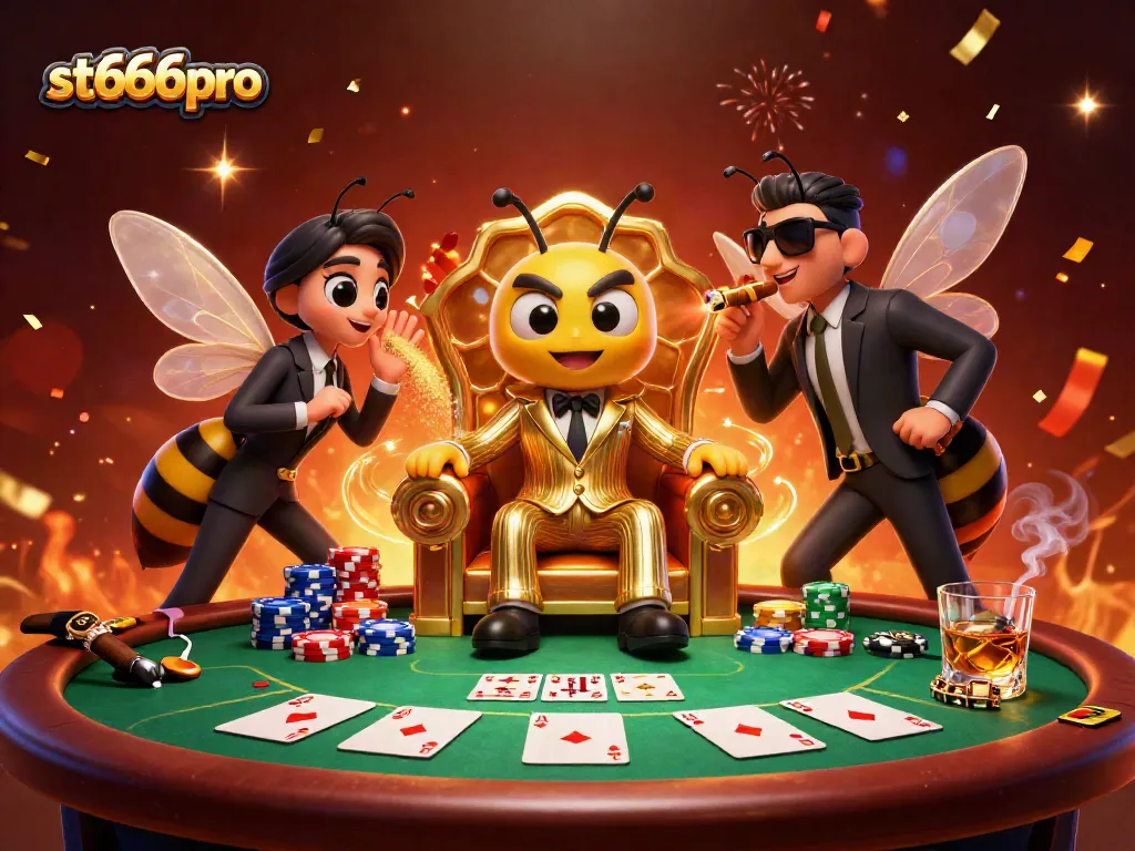 Engage with thrilling poker action at st666pro featuring a bumblebee mob boss and vibrant game elements.