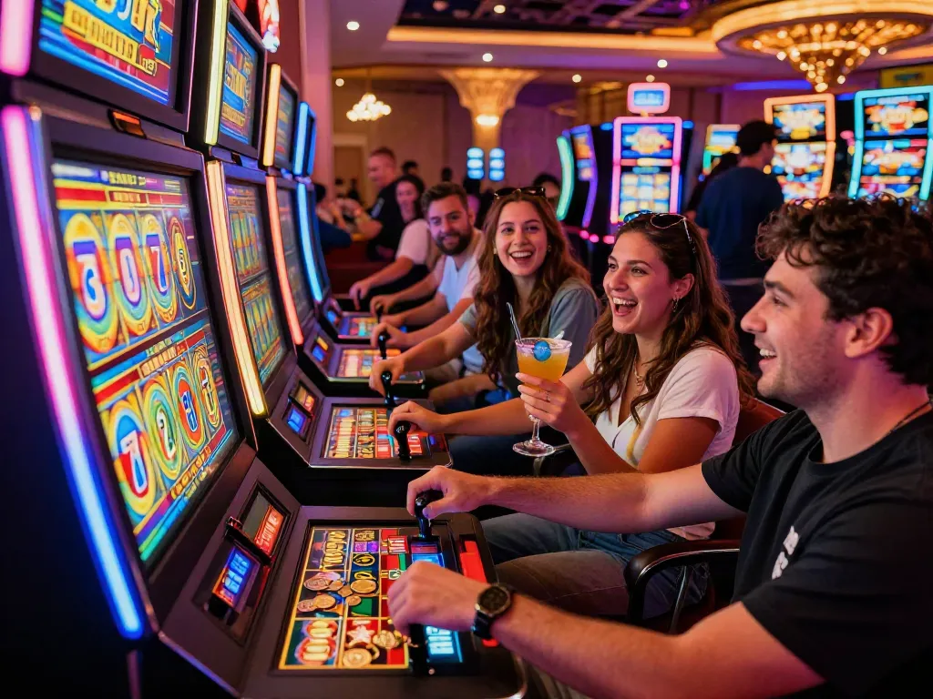Friends celebrating near a Lucky777 slot machine with vibrant lights and excitement.