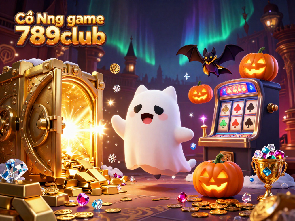 Experience the excitement of Cổng game 789club with a vibrant ghost cat and treasures in a casino.