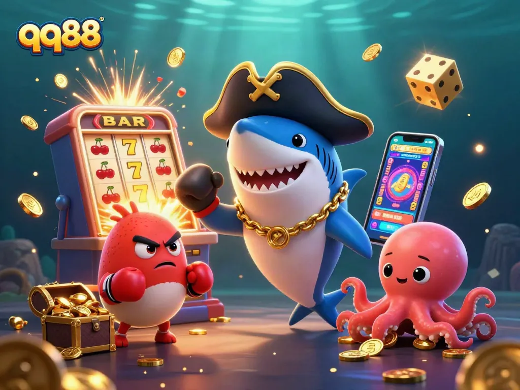 Engage with the lively casino atmosphere featuring qq88's charming characters amidst vibrant slot game elements.