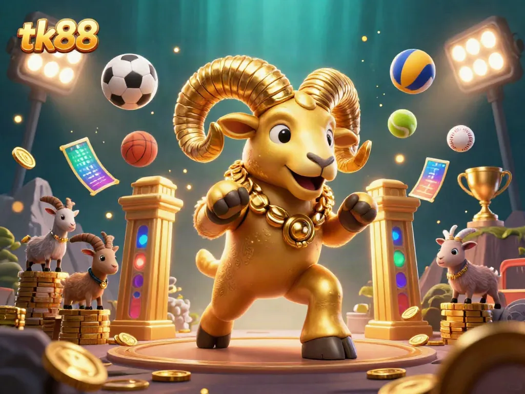 tk88 showcases vibrant gaming action with a massive golden ram amidst sports elements and prize symbols.