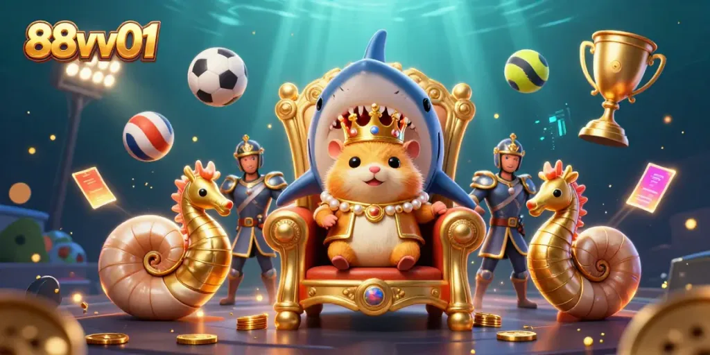 Engage with 88vv01 as a fierce golden hamster king leads a vibrant underwater casino scene