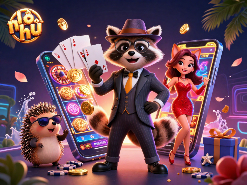Experience thrilling nổ hũ action with golden coins erupting and characters in an enchanting casino scene.