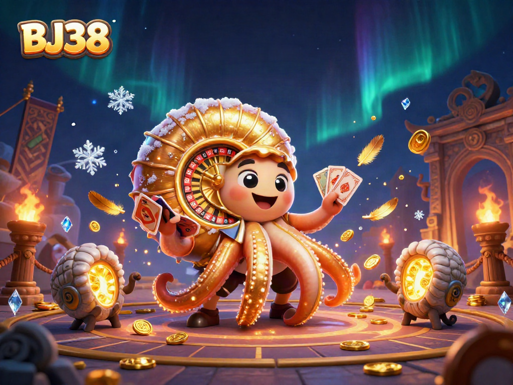 Experience the excitement of BJ38 with a captivating 3D illustration of a roulette nautilus, cards, and vibrant gold elements.
