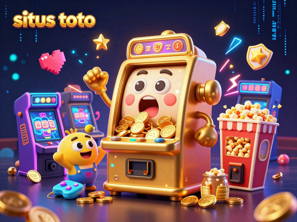 Situs toto presents a lively jackpot scene with a golden slot machine celebrating wins, surrounded by arcade games and fun elements.
