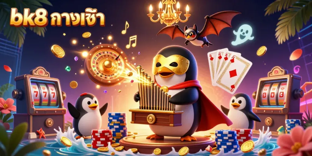 Experience the excitement of bk8 ทางเข้า with a vibrant 3D cartoon casino scene featuring iconic gaming elements.