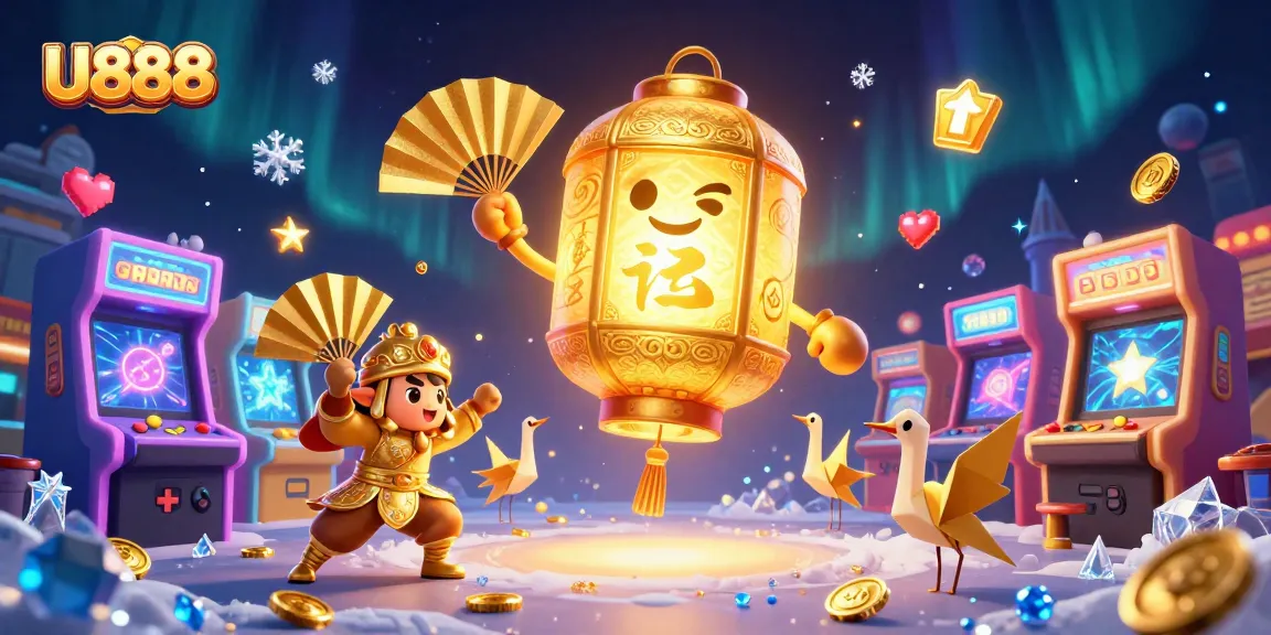 Experience gaming excitement at U888 with a glowing lantern spirit and dynamic casino elements.