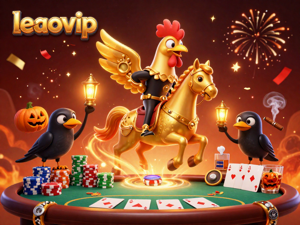 Engage with the dynamic leaovip experience featuring a golden rooster and spectral horse in a vibrant casino.