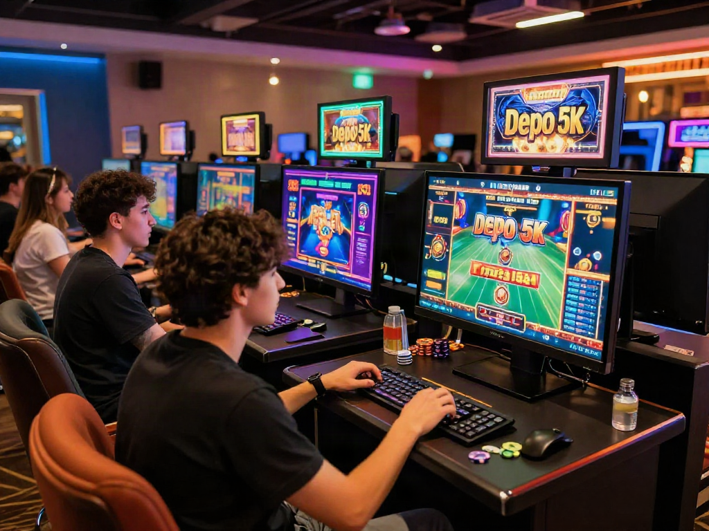 Players enjoying slot depo 5k games in a vibrant online casino atmosphere.
