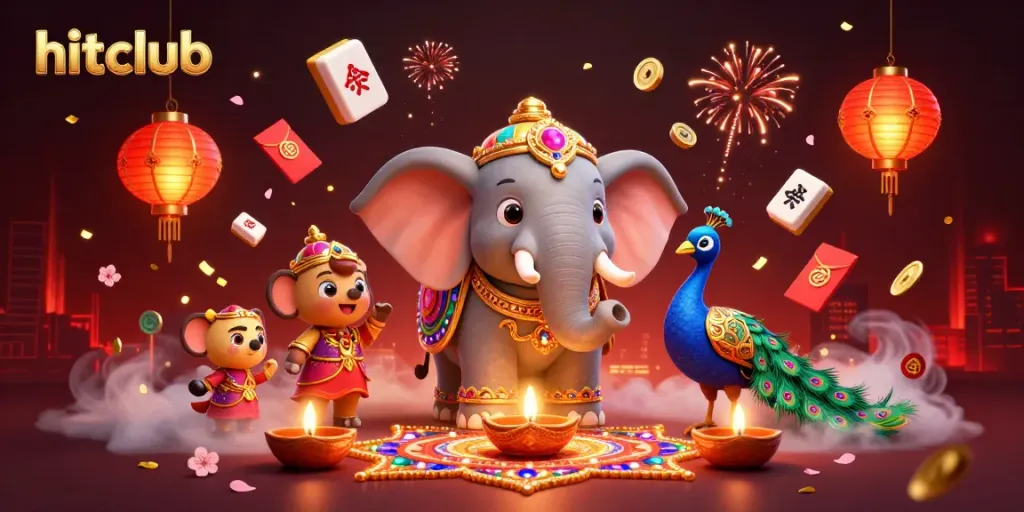 Engage with hitclub's vibrant casino features in this 3D illustration of festive gaming elements.