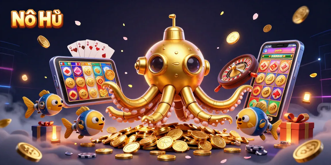 Nổ Hũ enriches gameplay as a golden kraken submarine astounds amidst coins and vibrant slot game