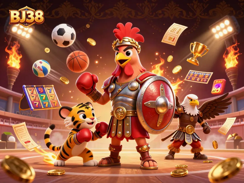 Engage with BJ38's thrilling gaming world featuring dynamic slot reels and captivating characters.