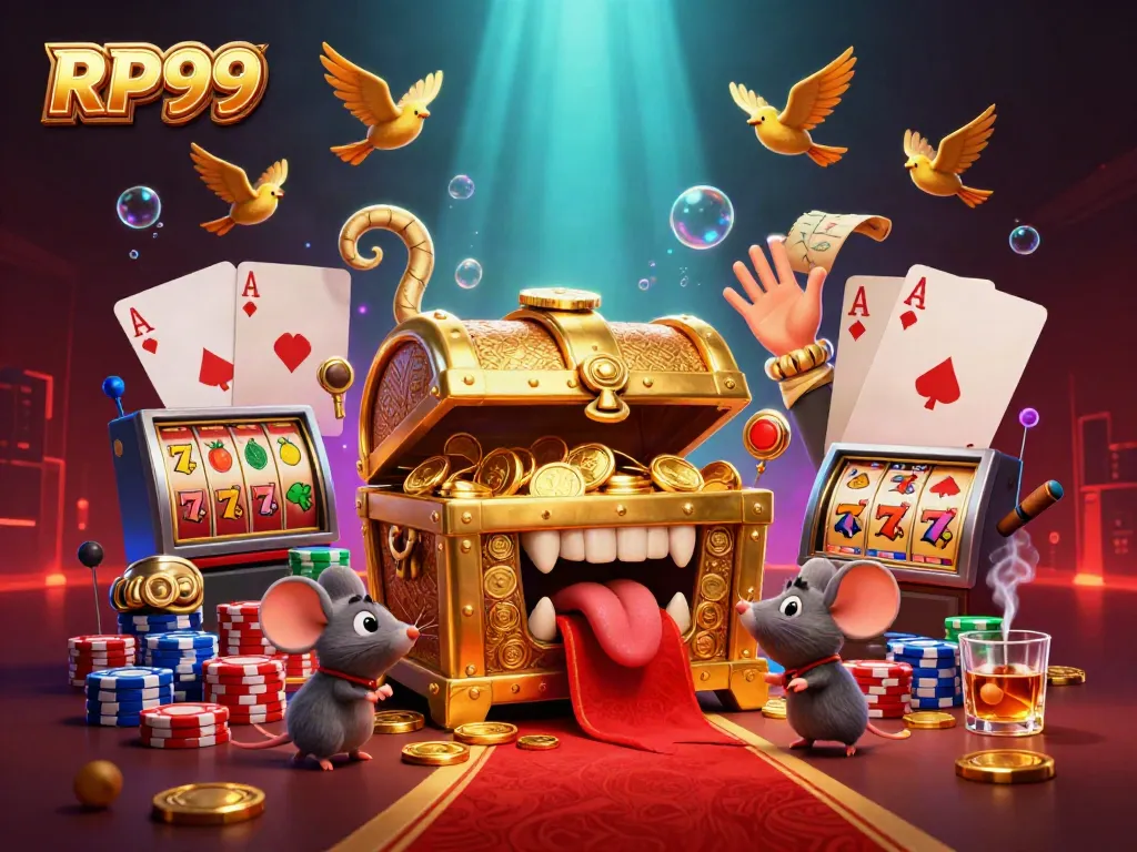 Experience RP99's vibrant casino adventure with golden treasure, slot reels, and animated characters.
