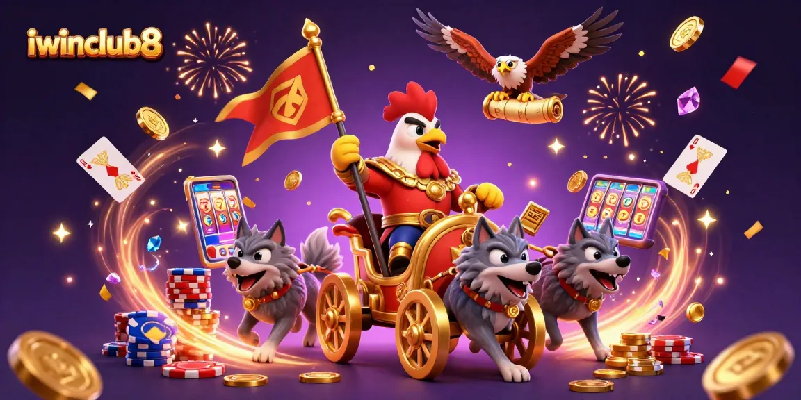 Engage with iwinclub8's vibrant 3D casino scene of a rooster warlord and treasures.