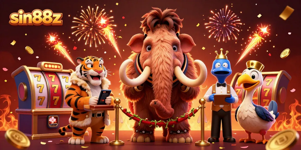 Experience winning with sin88z as a woolly mammoth casino bouncer welcomes VIP guests amidst vibrant gaming elements.