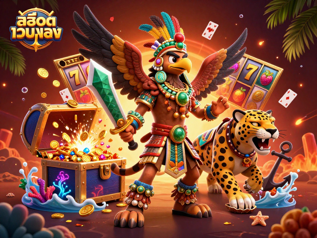 Play slots with excitement at สล็อตเว็บตรง featuring an Aztec eagle and jaguar in a vibrant scene.