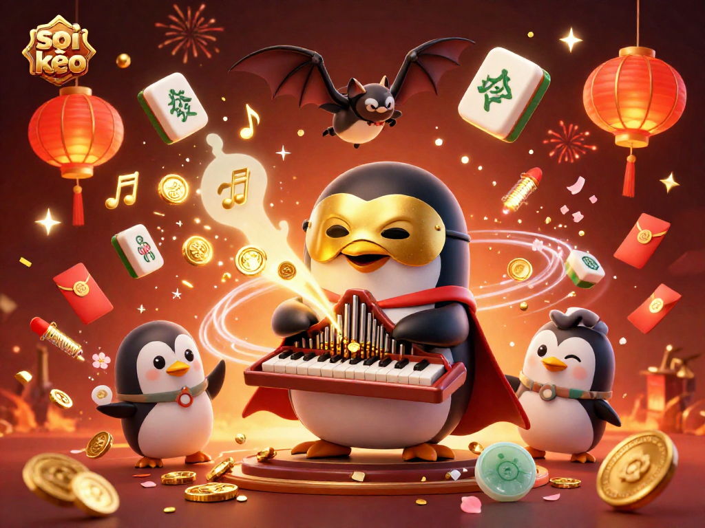 Play soi kèo strategy with a dazzling 3D scene featuring a penguin and lucky symbols.