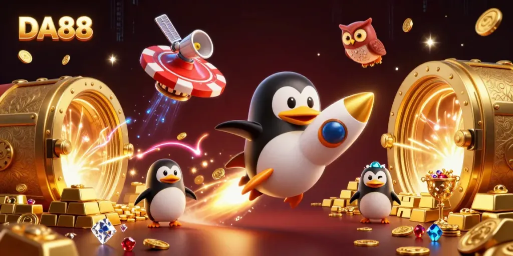 Experience DA88 with a rocket-powered penguin in a vibrant casino universe.