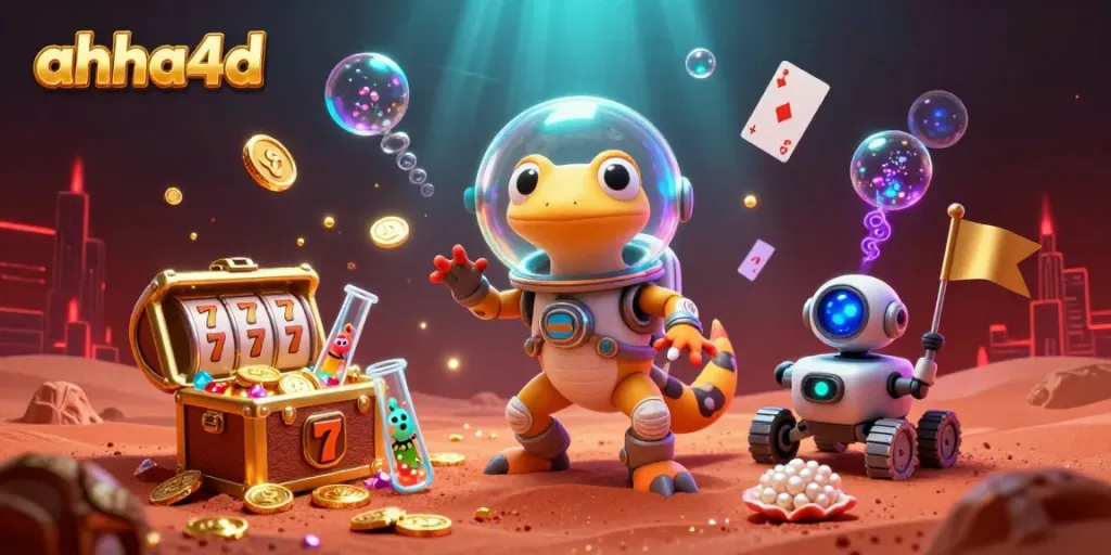 Experience gaming wins with ahha4d in this vibrant 3D casino scene with slot elements.