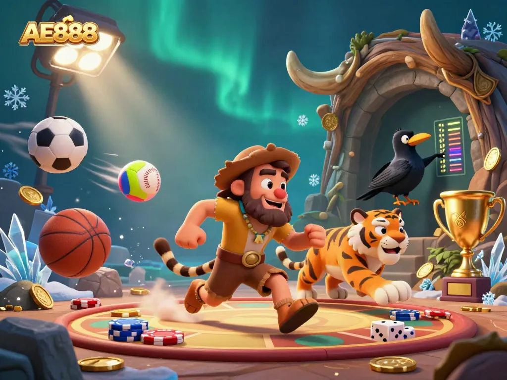 Experience the thrill of betting at AE888 with dynamic sports elements in a vibrant digital casino scene.