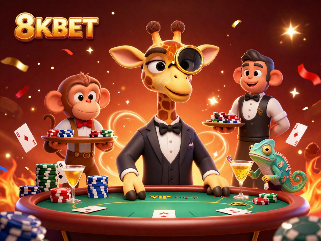 Experience thrilling action with 8KBET's high-roller giraffe at a poker table surrounded by vibrant casino elements.