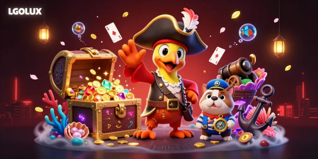 Engage in thrilling gameplay at LGOLUX with immersive 3D casino elements like treasure chests and vibrant characters.