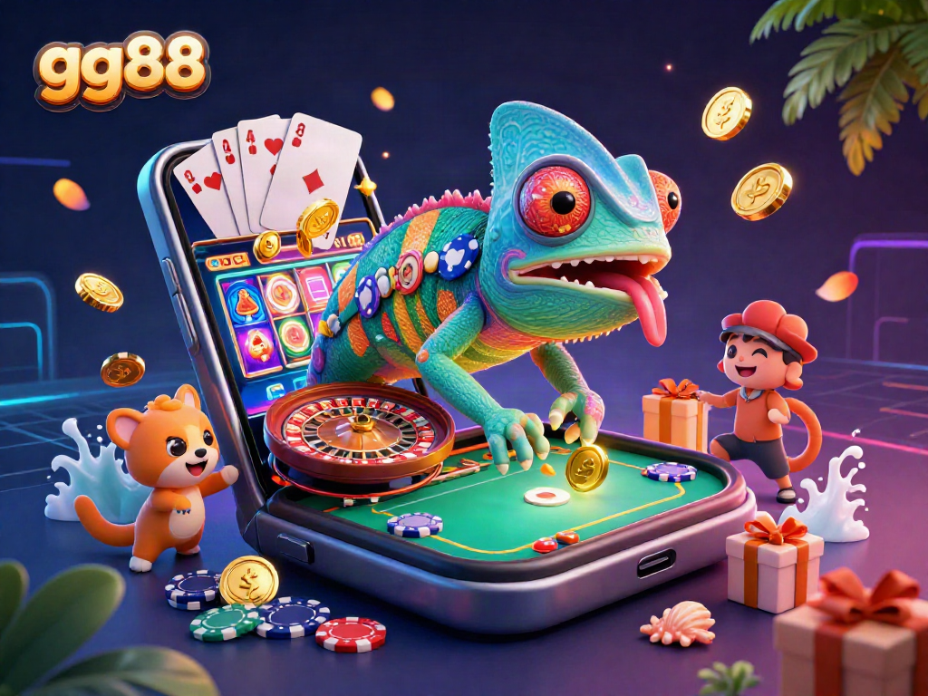 Play exciting games at gg88 featuring a colorful chameleon casino owner and dynamic casino elements.