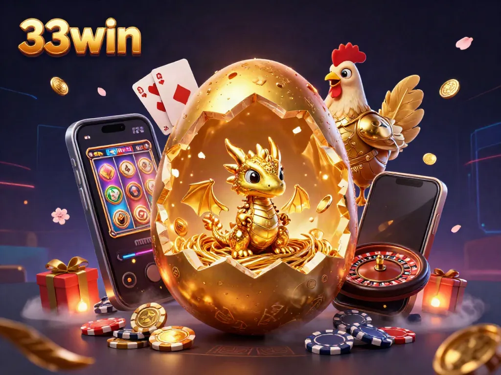 Engage with 33win's vibrant casino world, showcasing golden dragon and poker chips amidst dynamic gaming elements.