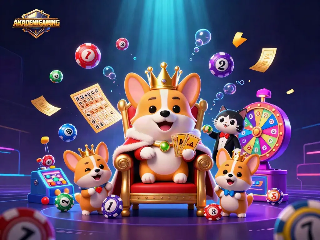 Engage with AKADEMIGAMING as a royal corgi and a cat butler celebrate vibrant lottery excitement!