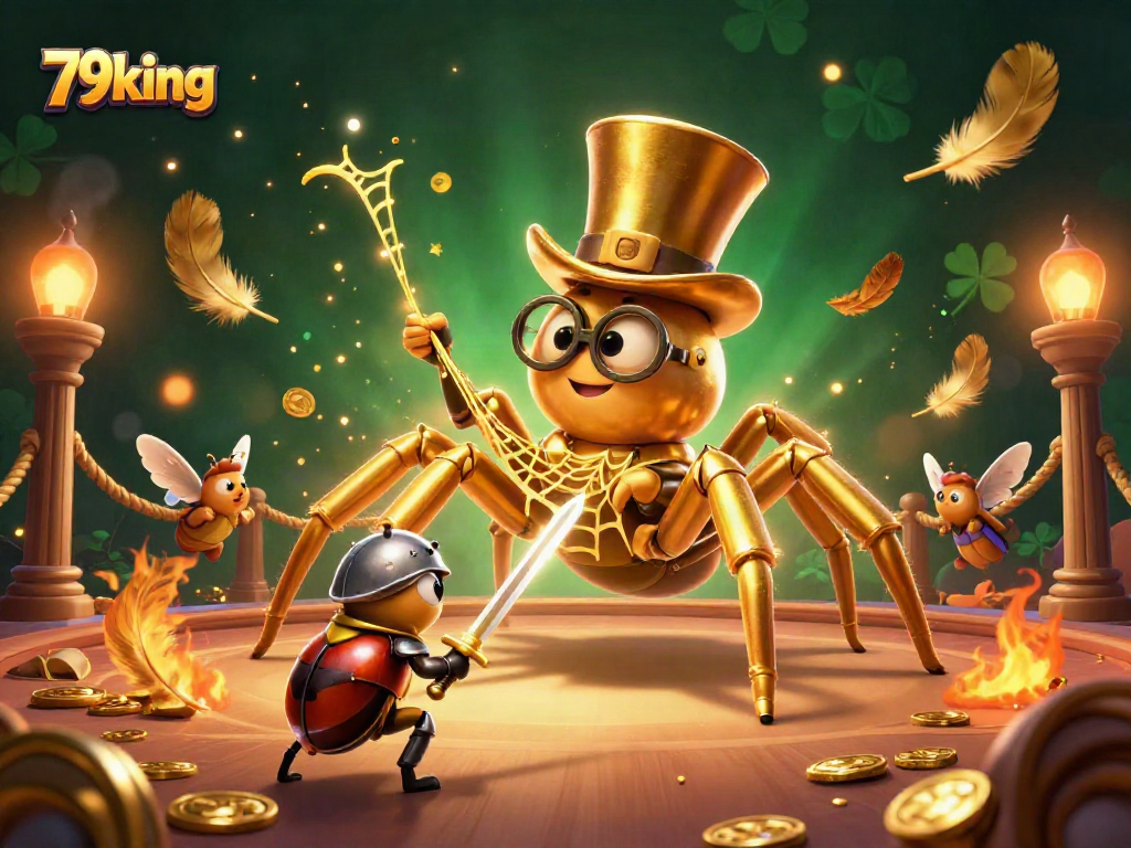 Experience thrilling gameplay at 79king with a golden tarantula and knight in a vibrant casino setting.