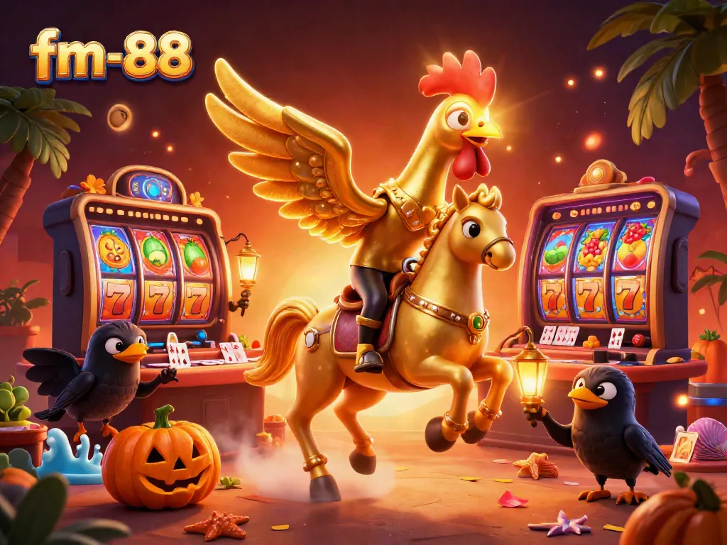 Experience the excitement of fm-88 with a golden rooster riding through a vibrant casino scene.