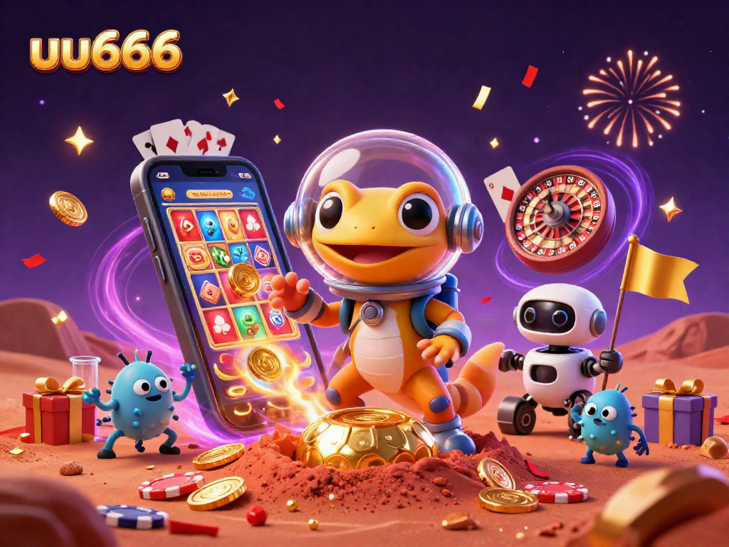 uu666 Martian gecko wins at intergalactic slots amidst cheering alien life in vibrant 3D art.