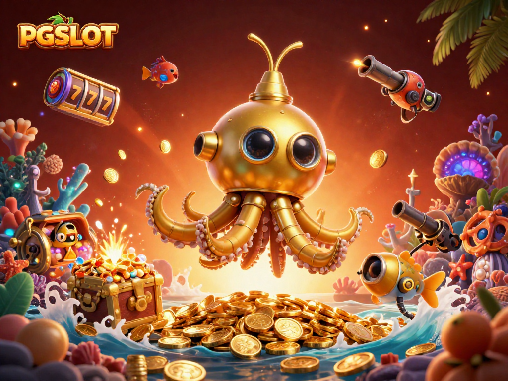 Win big with PGSLOT's ocean adventure featuring a golden kraken and treasure chests!