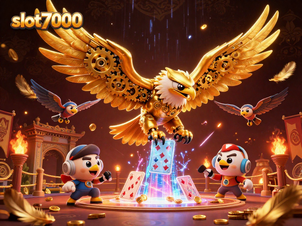 Menggali keseruan slot7000 dengan ilustrasi 3D kartun burung elang emas dan kartu holografik bertaburan.