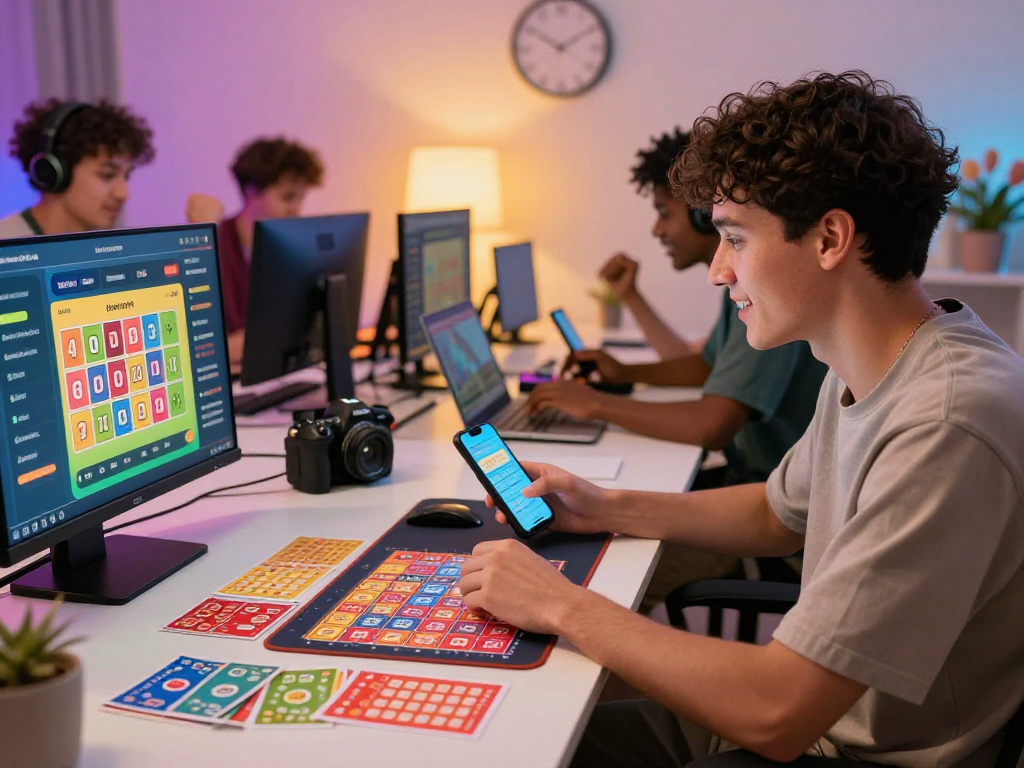 Pengguna bandar togel terpercaya memilih angka keberuntungan di perangkat modern, atmosfer penuh semangat.