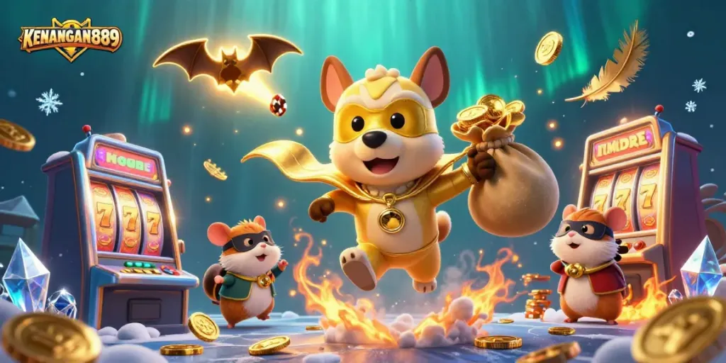ENGAGING slots action with KENANGAN889's mascot duo soaring amidst gold coins and vibrant 3D effects