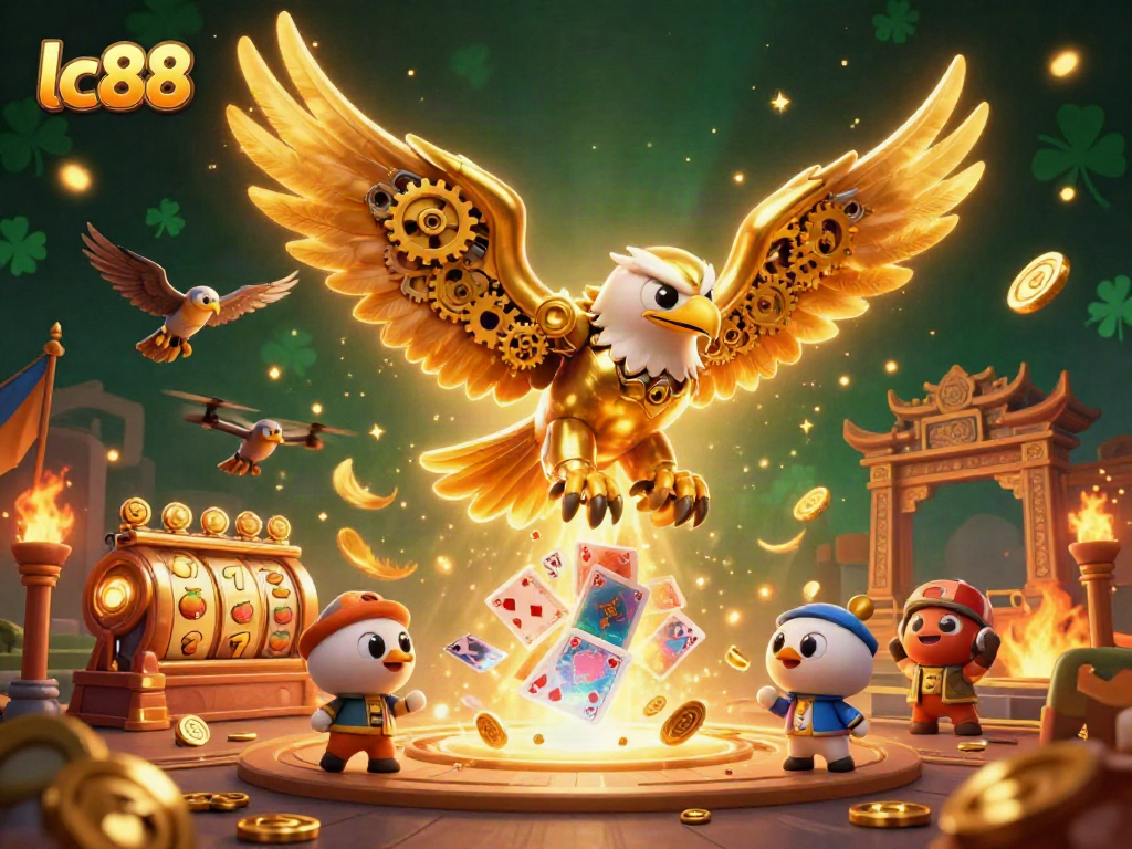 Experience thrilling gameplay with lc88's golden eagle flying over vibrant holographic cards.
