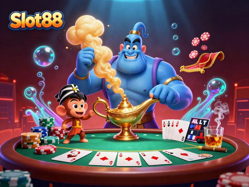 Engage with Slot88 and discover a magical casino scene featuring a blue genie, poker chips, and vibrant card games.