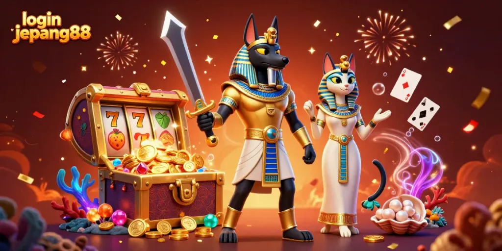 Win big with login jepang88 in a vibrant 3D scene featuring Anubis and Bastet among slot machines and treasures.