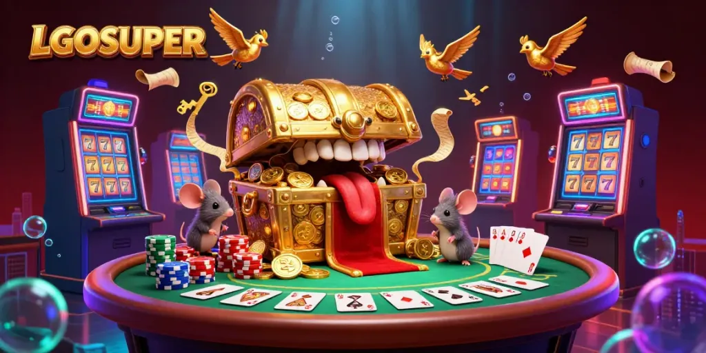 Engage with LGOSUPER's vibrant casino atmosphere featuring treasure chests, poker action, and slot elements.