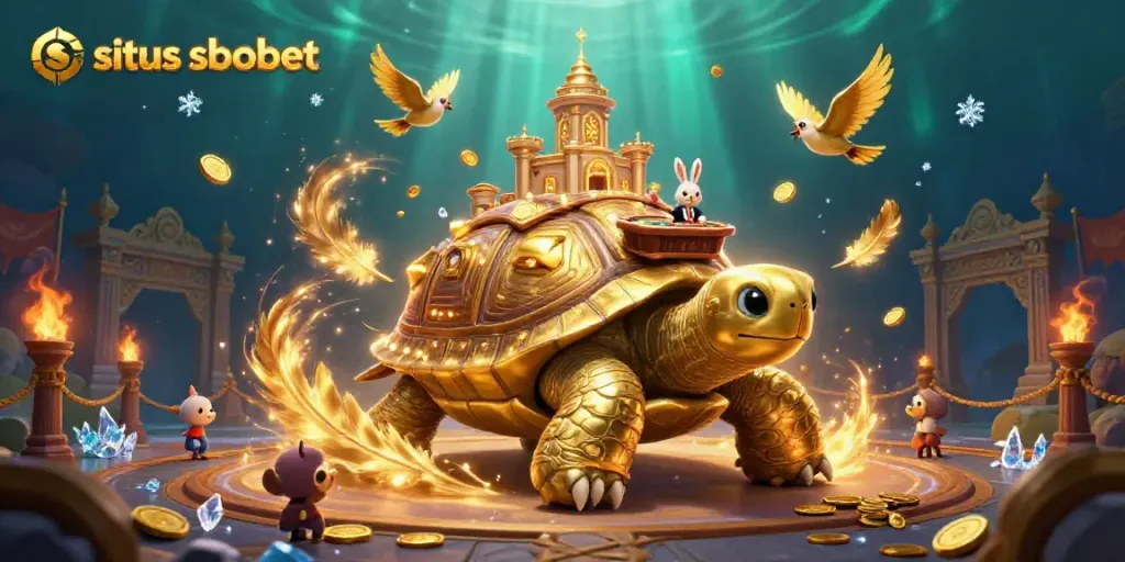 Situs sbobet showcases vibrant golden casino elements, featuring an enchanting turtle theme.