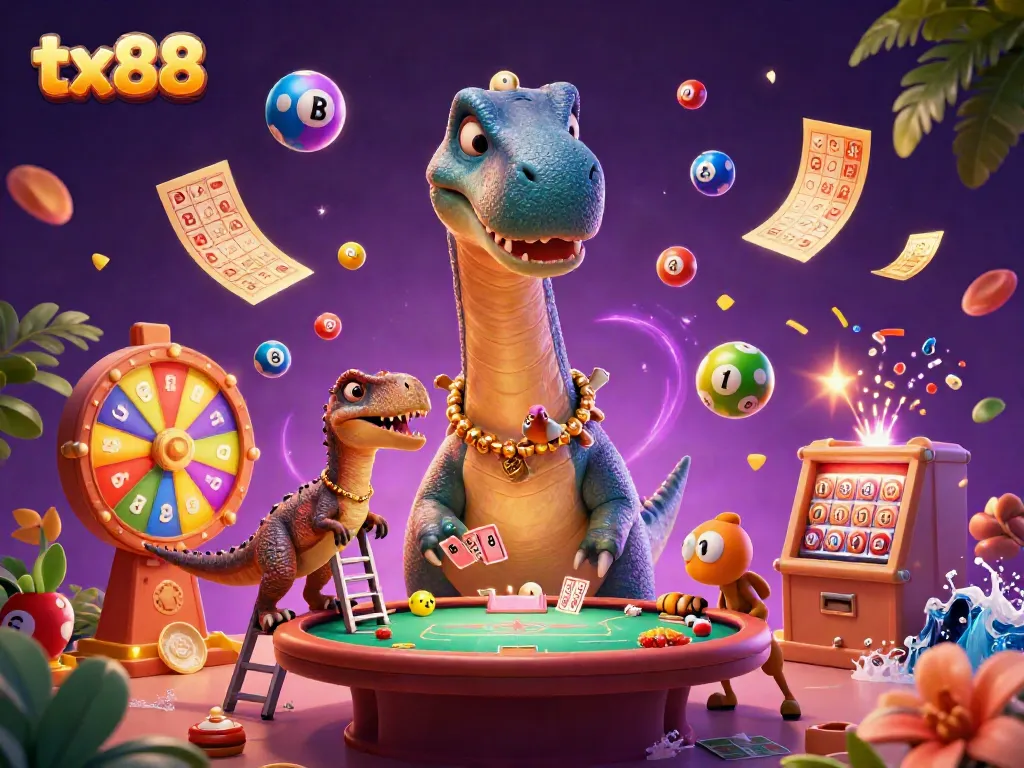 tx88 casino scene featuring a giant brontosaurus with a raptor dealer amidst colorful game elements