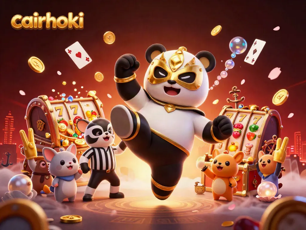 Cairhoki menghadirkan pertempuran menarik dengan panda pegulat profesional sedang melakukan tendangan, dikelilingi elemen permainan slot