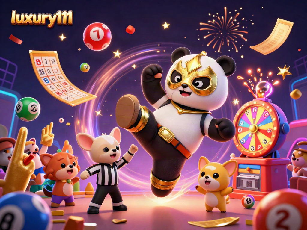 Boost your fun with luxury111 in this vibrant 3D illustration of a panda wrestler and animal fans.