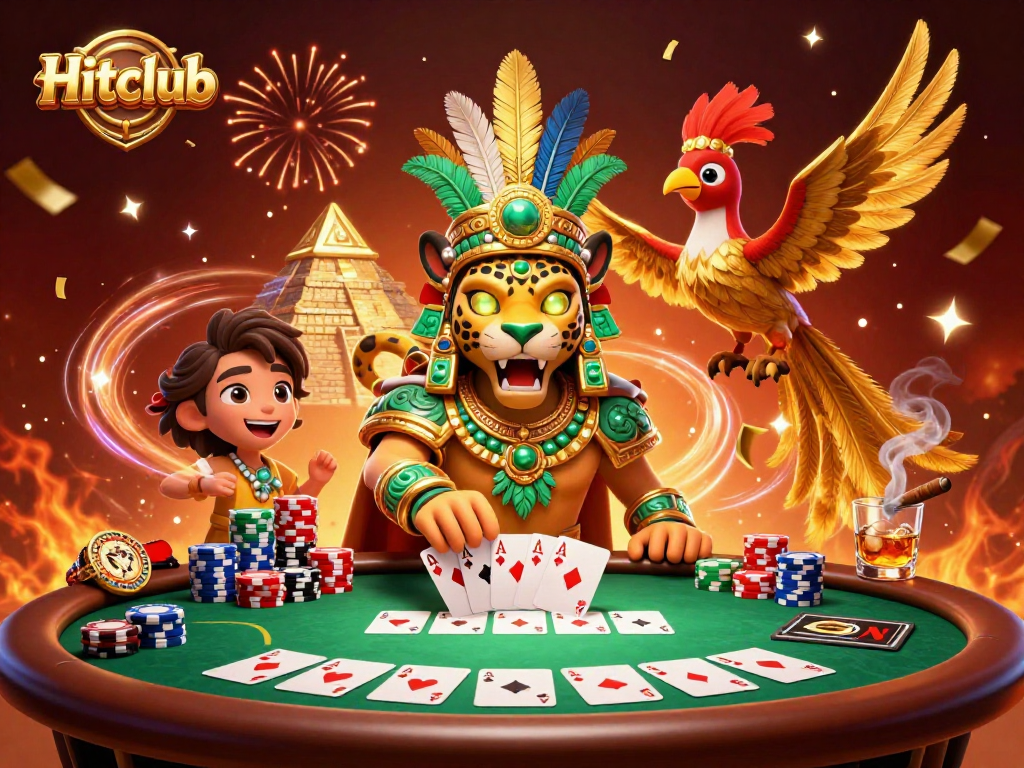 Experience Hitclub's thrilling atmosphere with a vibrant 3D casino scene featuring dynamic poker action.