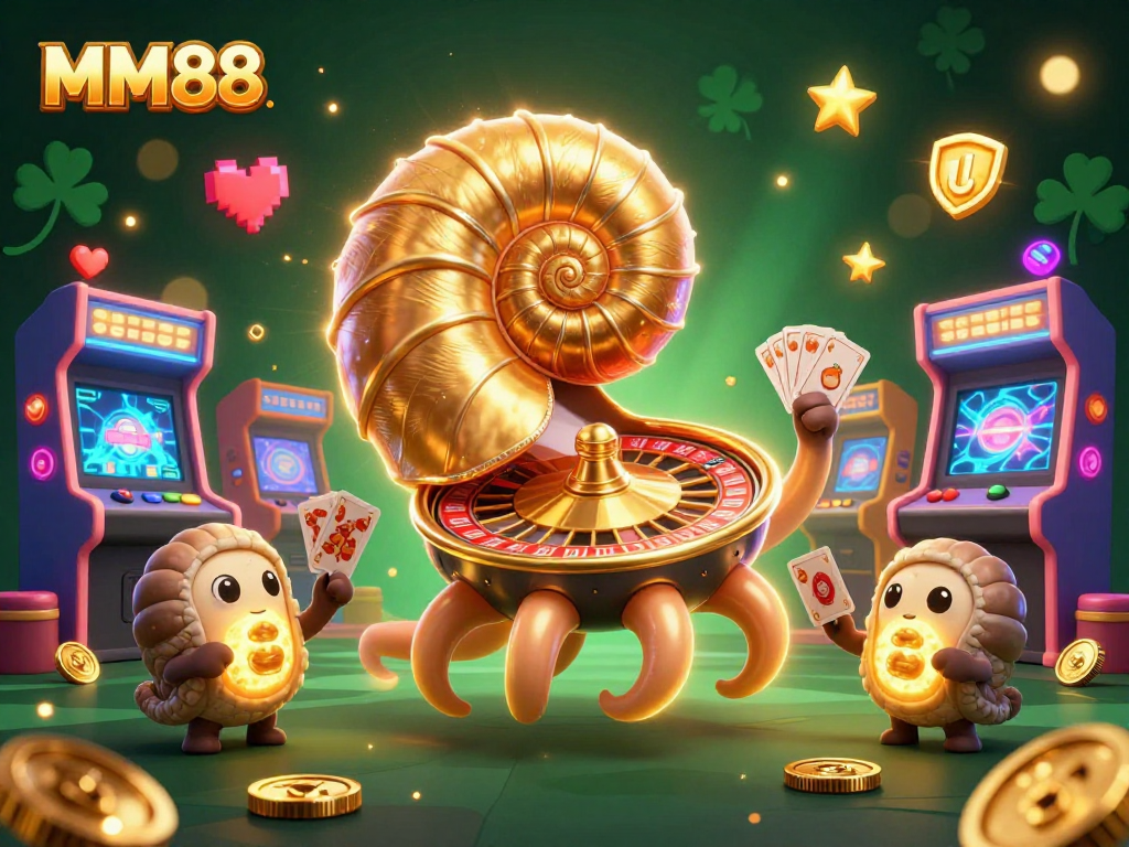 Play big at MM88 with an ancient nautilus roulette and glowing companions in a vibrant casino scene.