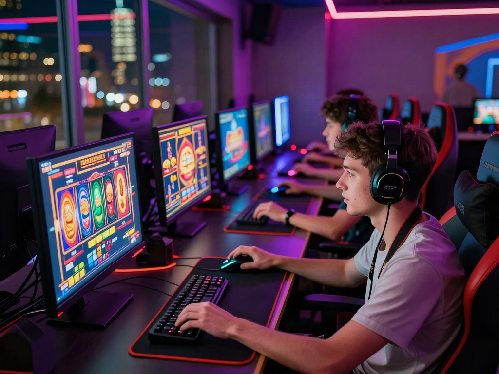 Intense online gaming session with players focused on slot gacor hari ini winnings in a colorful gaming environment